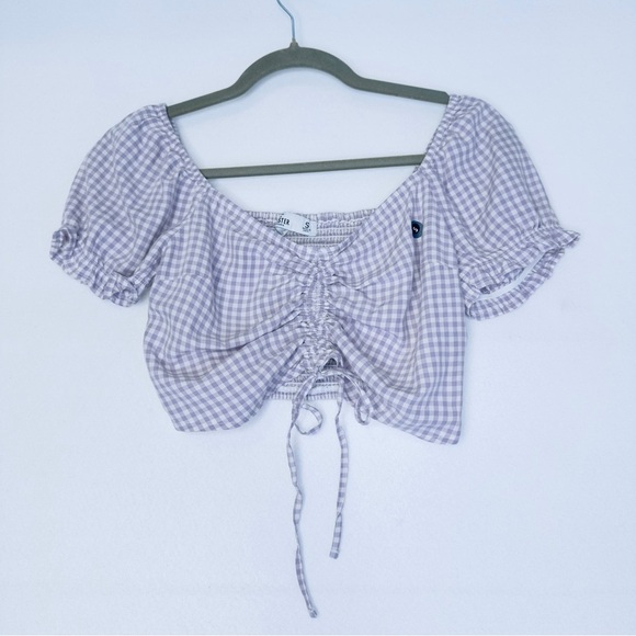 Hollister Ruched Gingham Purple Crop Top Shirt Women Size Small - Picture 1 of 9
